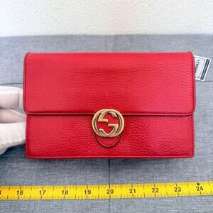 Authentic Gucci Interlocking G Red Leather Chain Shoulder Crossbody Bag-3